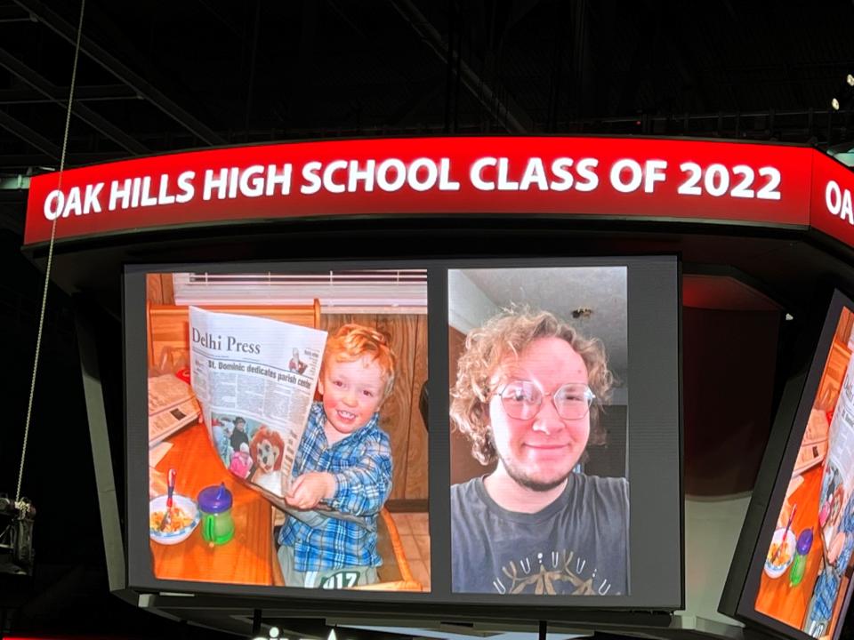 Oak Hills High School's graduation included then-and-now photos of the graduates. This grad submitted a "then" photo of him reading his Delhi Press as a child.