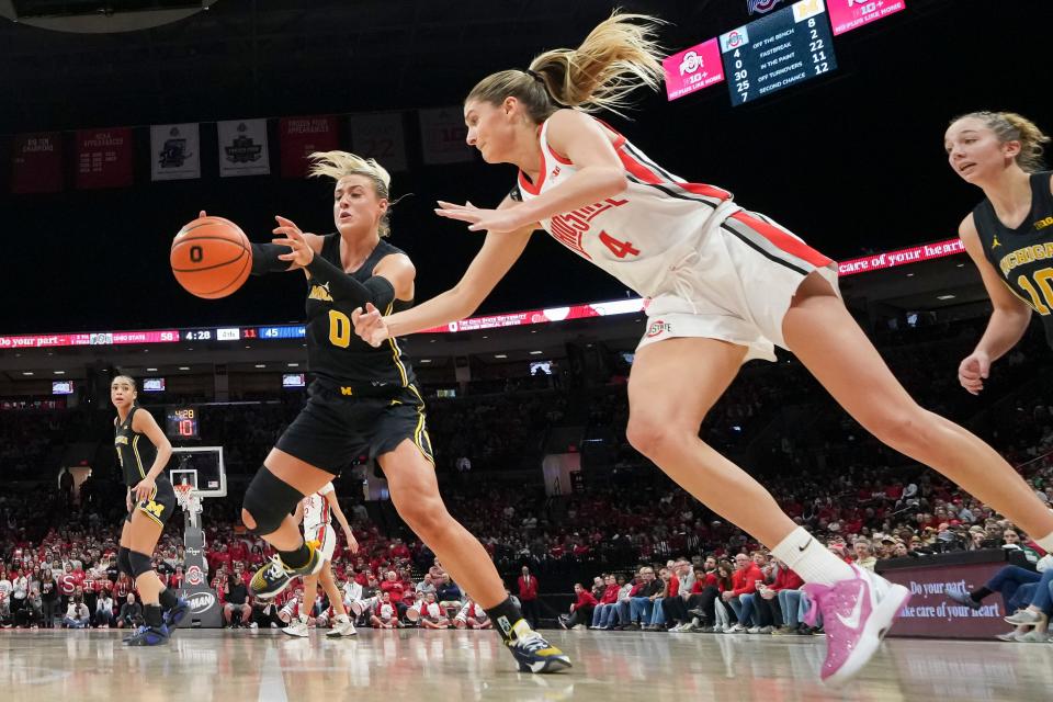 Ohio State guard Jacy Sheldon (4) fights for a rebound with Michigan guard Elissa Brett (0) during a game this season.