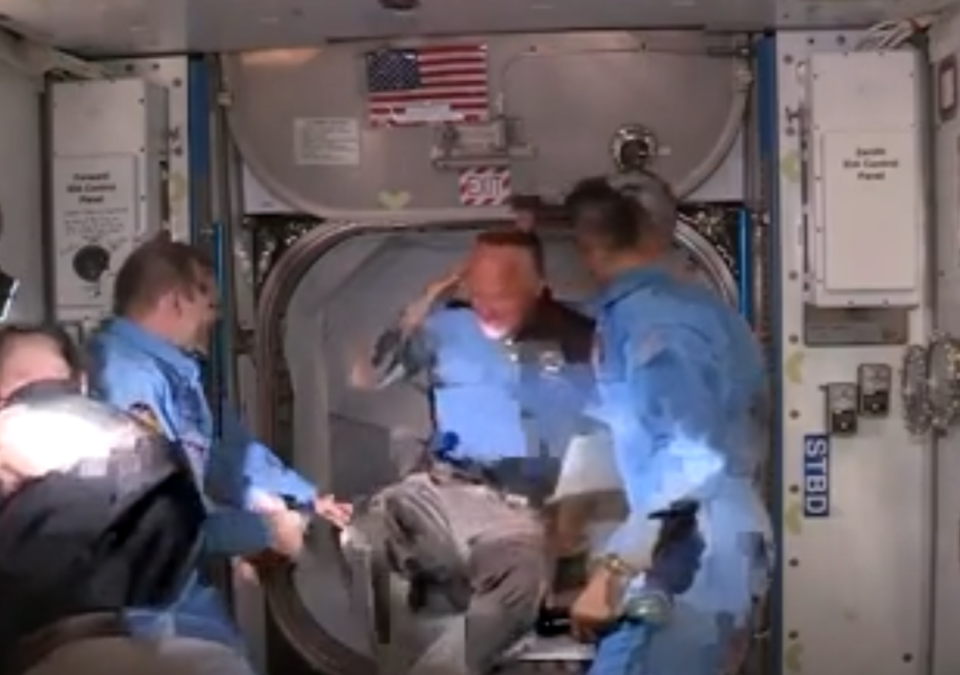 Doug Hurley was seen rubbing his forehead after he entered the International Space Station (Nasa)