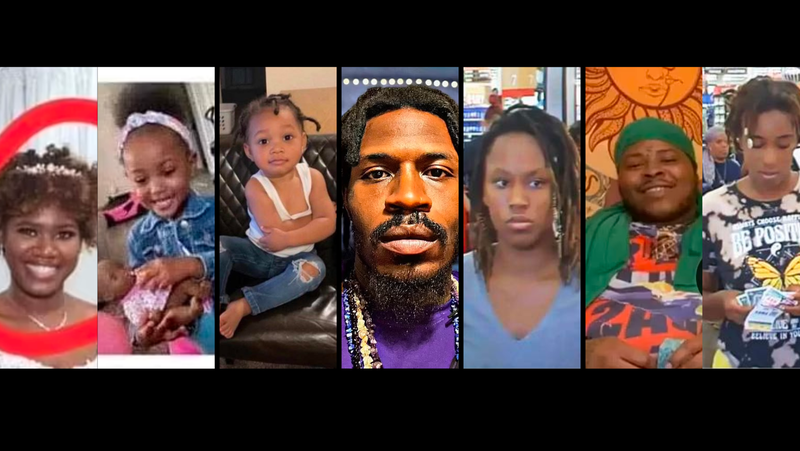 (From left to right) Gerielle German, Malaiyah Wickerson, Ashton Williams, Rashad Jamal White (alleged leader), Ma’Kayla Wickerson, Naaman Williams, Mikayla Thompson