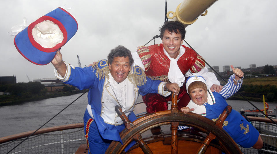 John Barrowman and the Krankies (Janette and Ian) during a photocall on The Tall Ship in Glasgow, Scotland, to promote their pantomime Robinson Crusoe and the Caribbean Pirates.   (Photo by Danny Lawson/PA Images via Getty Images)