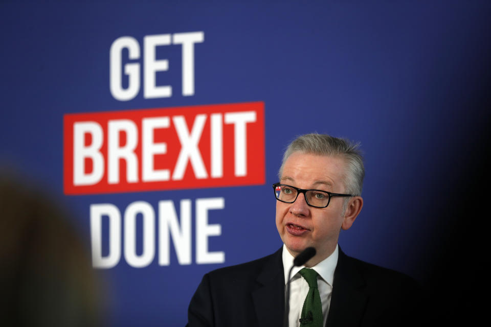 Chancellor of the Duchy of Lancaster Michael Gove speaks during a media conference in London, Friday, Nov. 29, 2019. Britain goes to the polls on Dec. 12. (AP Photo/Frank Augstein)