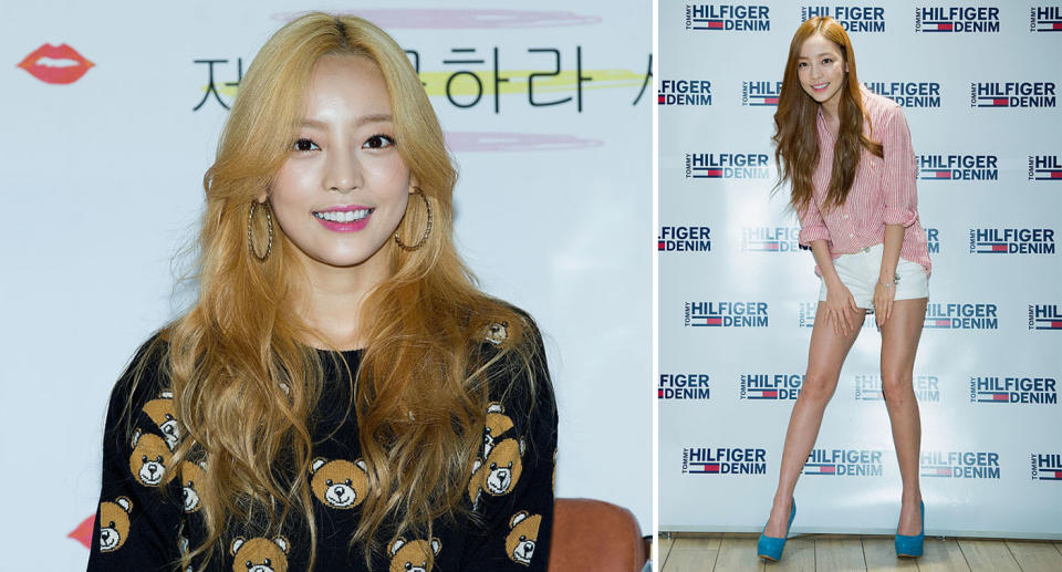 Pictured is Goo Hara in a teddy bear knitted dress (left) and Goo Hara in short white shorts and a pink top (right). 