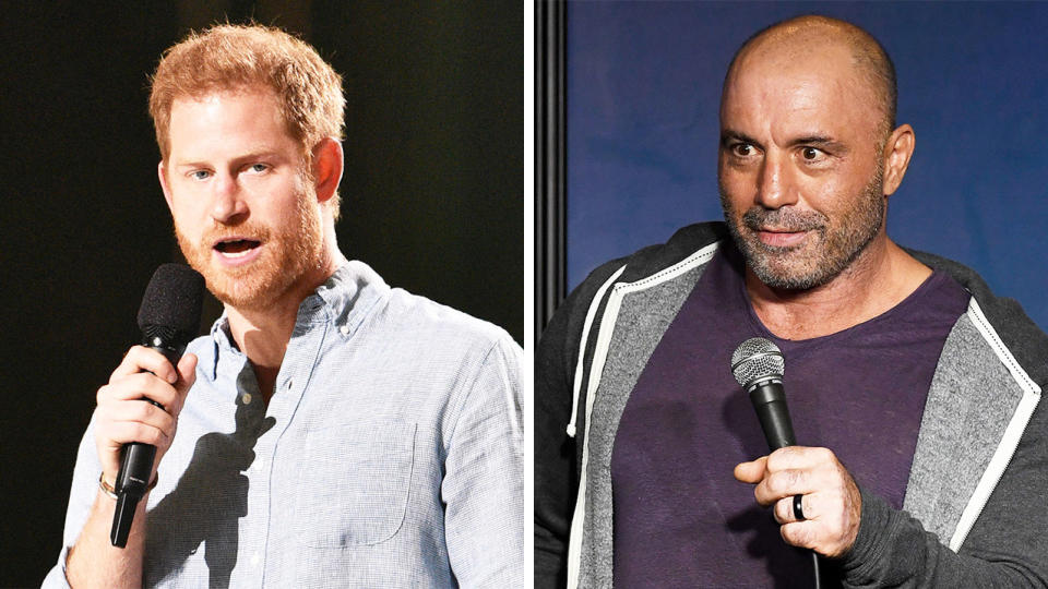 Prince Harry (pictured left) talking on stage and Joe Rogan (pictured right) at a comedy festival.