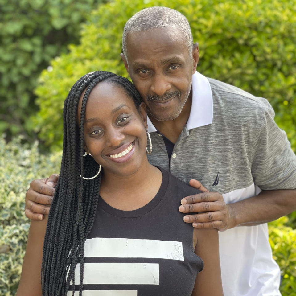 This July 2021 photo provided by Gerald Moody shows Bill Underwood, a senior fellow with The Sentencing Project's Campaign to End Life Imprisonment, and his daughter, Ebony, CEO of We Got Us Now, a national nonprofit that support children and young adults impacted by parental incarceration, in New York. He was a successful R&B and hip hop music promoter in New York City in the late seventies through the eighties, before his 33-year incarceration. A judge granted him compassionate release from federal custody in January, noting his lauded reputation as a mentor to young men in prison and his high-risk exposure to COVID-19 at age 67. (Gerald Moody via AP)