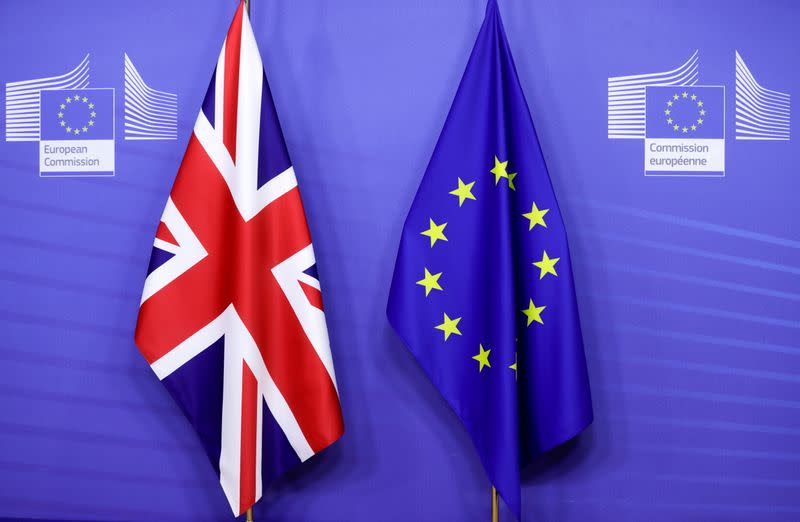 FILE PHOTO: British and European Union flags are seen ahead of a meeting of European Commission President Ursula von der Leyen and British Prime Minister Boris Johnson in Brussels