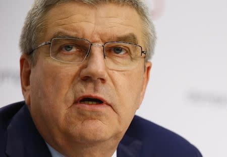 International Olympic Committee (IOC) President Thomas Bach speaks during the press conference after the voting at the IOC extraordinary session in Lausanne, Switzerland July 11, 2017. REUTERS/Pierre Albouy - RTX3B0SH