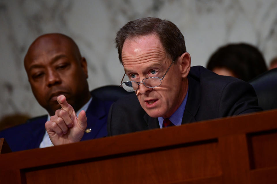 Pat Toomey (R-PA) questions David Marcus, head of Facebook's Calibra (digital wallet service), during testimony before a Senate Banking, Housing and Urban Affairs Committee hearing on "Examining Facebook's Proposed Digital Currency and Data Privacy Considerations" on Capitol hill in Washington, U.S., July 16, 2019. REUTERS/Erin Scott