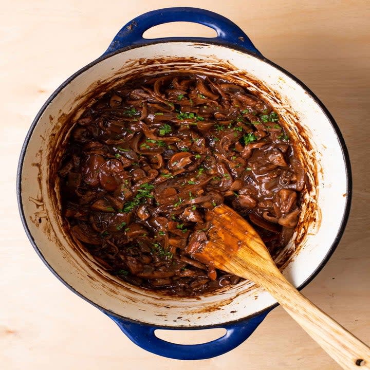 Mushroom Bourguignon in a Dutch oven.