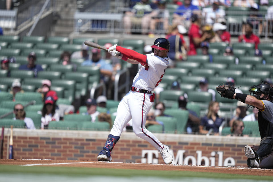 Atlanta Braves' Jarred Kelenic (24) strikes out in the first inning of a baseball game against the Pittsburgh Pirates, Sunday, June 30, 2024, in Atlanta. (AP Photo/Brynn Anderson)