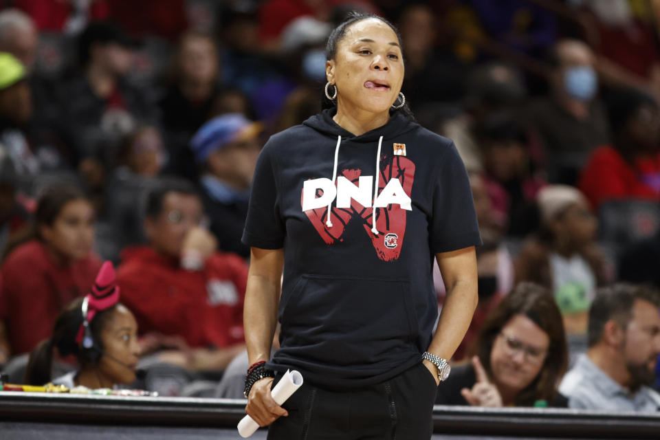 South Carolina head coach Dawn Staley watches his team during the second half of the NCAA college basketball exhibition game against Benedict on Monday, Oct. 31, 2022 in Columbia, South Carolina.  (AP Photo/Nell Redmond)