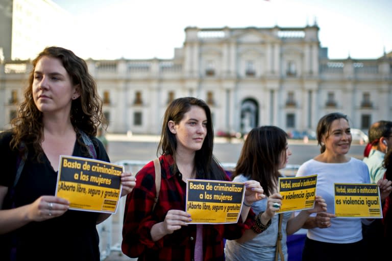 Activists hold signs reading "Stop criminalizing women, Free and safe abortion" and "Verbal, sexual or institutional, it is violence anyway" during a pro-abortion demo on November 11, 2014