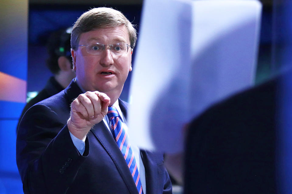 Mississippi Gov. Tate Reeves reacts to a statement made by Brandon Presley, the Democratic nominee for governor, during a televised gubernatorial debate Wednesday, Nov. 1, 2023, in Jackson, Miss. (Brett Kenyon/WAPT via AP)