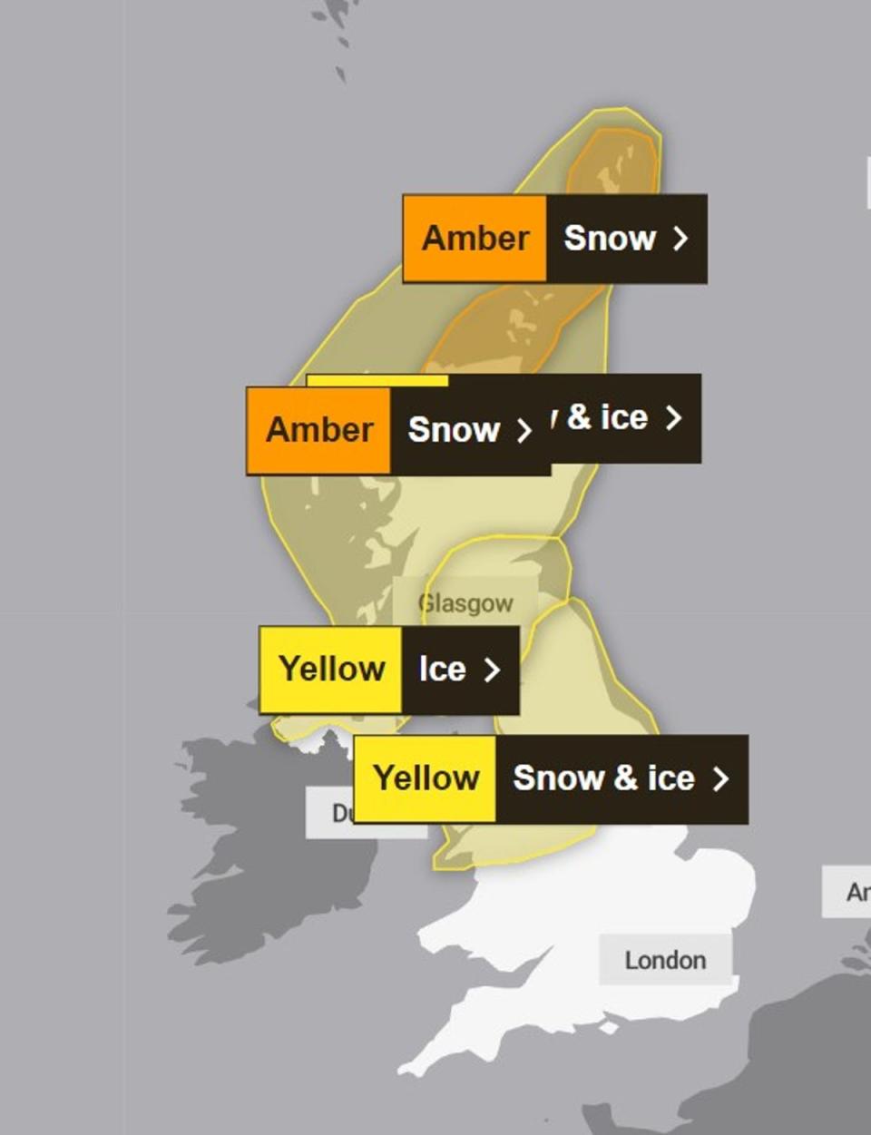 Amber and yellow warnings in place for 17/01 (Met Office)