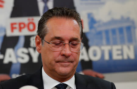 FILE PHOTO: Austria's Vice Chancellor and head of Freedom Party Heinz-Christian Strache addresses the media in Vienna, Austria April 23, 2019. REUTERS/Leonhard Foeger/File photo