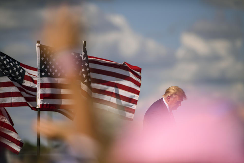 LUMBERTON, NC - OCTOBER 24:  U.S. President Donald Trump addresses a crowd during a campaign rally on October 24, 2020 in Lumberton, North Carolina. President Trump has expressed his support for the Lumbee Indian people to be recognized on a federal level. President Trump continues to campaign against Democratic presidential nominee Joe Biden leading up to the November 3rd Election Day. (Photo by Melissa Sue Gerrits/Getty Images)