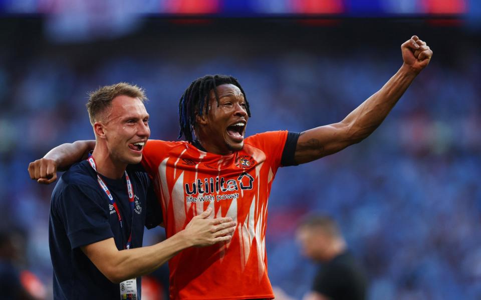 Luton Town's Gabriel Osho celebrates after winning the penalty shootout - Reuters/Matthew Childs