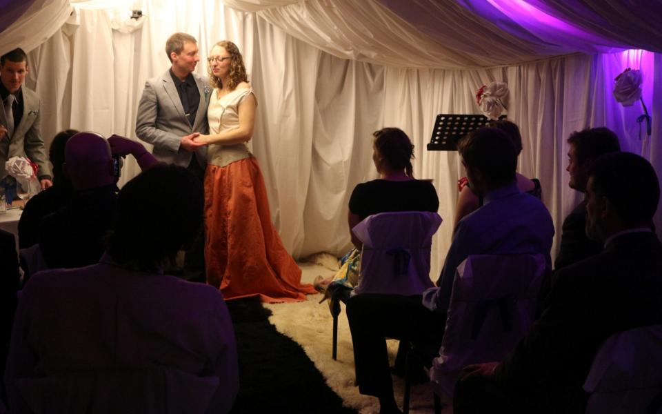 A specially designed and decorated 'chapel' was created for the wedding ceremony - Credit:  British Antarctic Survey