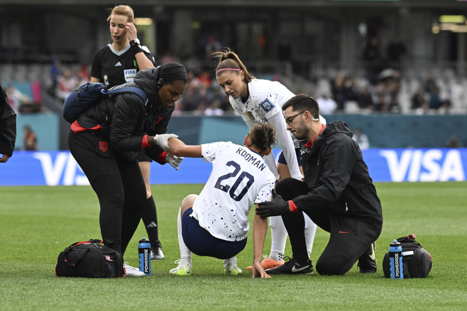 United States' Trinity Rodman leaves the pitch after being injured during the Women's World Cup Group E soccer match between the United States and Vietnam at Eden Park in Auckland, New Zealand, Saturday, July 22, 2023. (AP Photo/Andrew Cornaga)