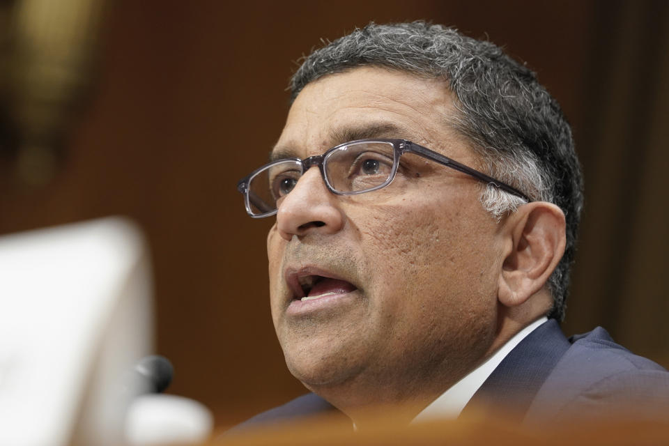 Vivek Sankaran CEO at Albertsons Companies, speaks during a Senate Judiciary Subcommittee on Competition Policy, Antitrust, and Consumer Rights hearing on the proposed Kroger-Albertsons grocery store merger, at the Capitol in Washington, Tuesday, Nov. 29, 2022. (AP Photo/Mariam Zuhaib)