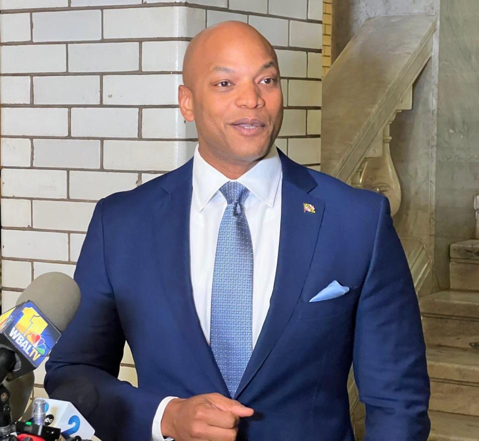 In this file photo, Maryland Gov. Wes Moore, a Democrat, speaks during an afternoon press conference on the ground floor of the State House in Annapolis on the last scheduled day of the year's legislative session April 8, 2024.