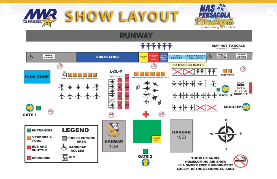 This map shows the layout for the 2022 Blue Angels Homecoming Air Show.