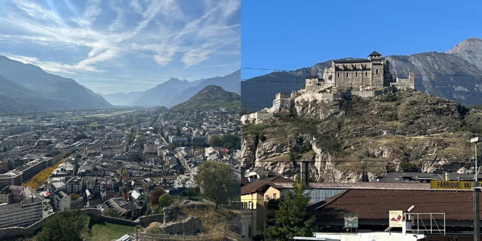 nebeneinander liegende Bilder zeigen eine malerische Schweizer Stadt in einem Tal, umgeben von Berggipfeln, neben einer kleinen ummauerten Burg auf einem felsigen Hügel