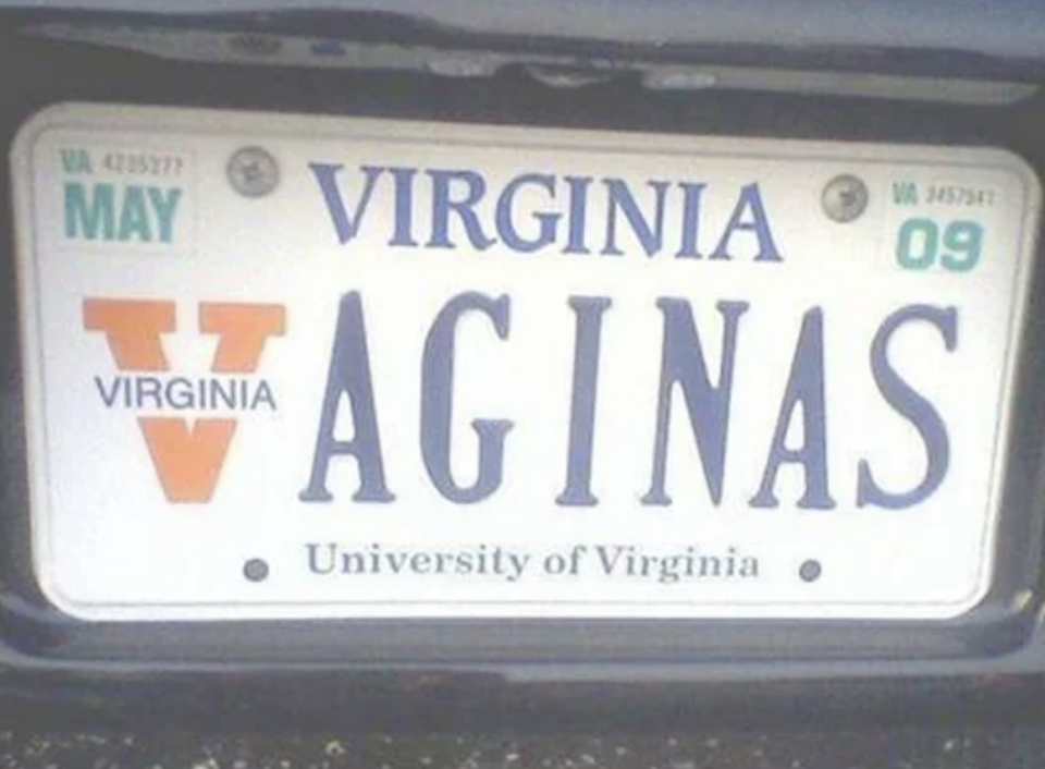 Virginia license plate with "VAGINAS" written in large letters, surrounded by the Virginia state name and University of Virginia text