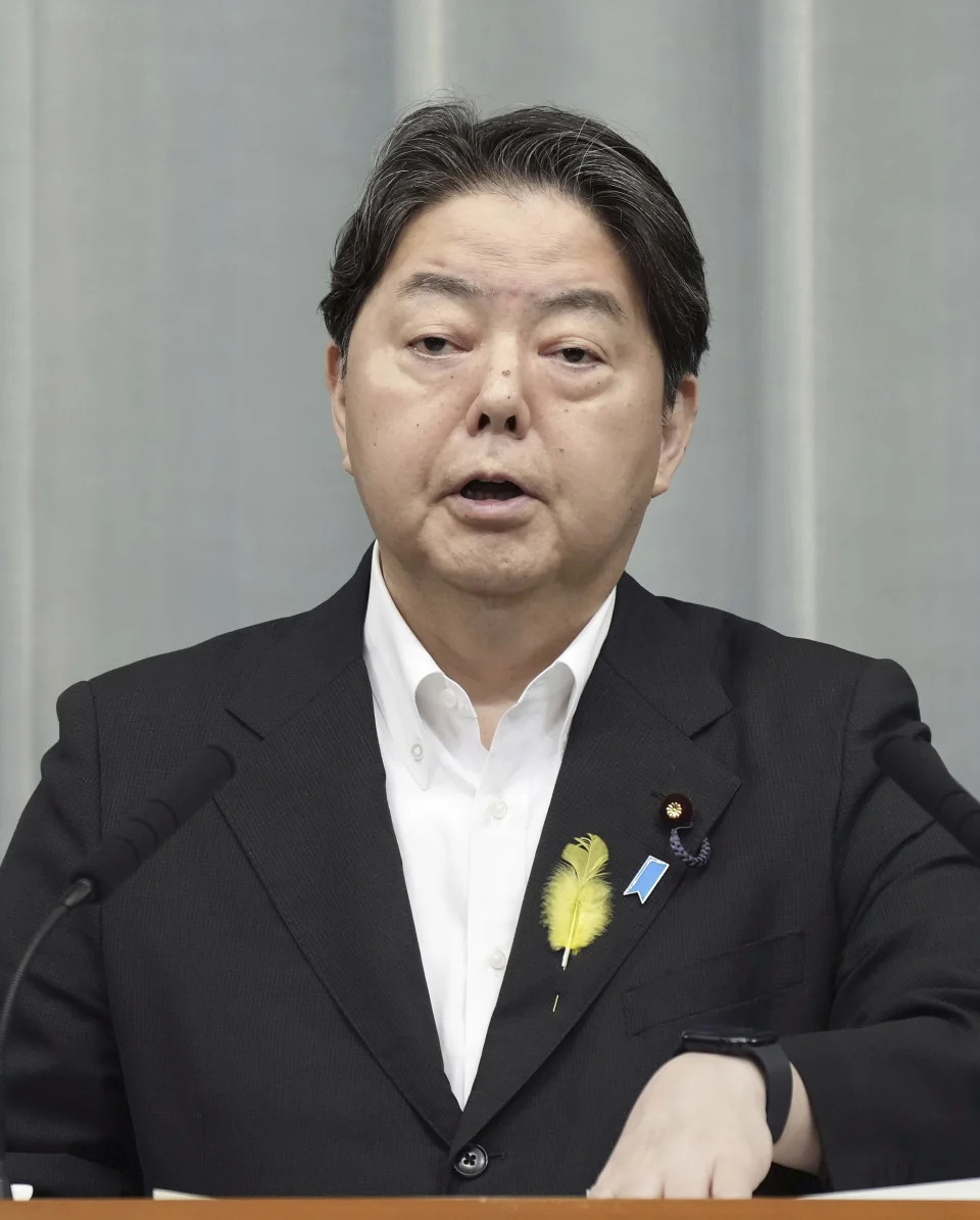 Japan's Chief Cabinet Secretary Yoshimasa Hayashi speaks at a press conference in Tokyo Friday, June 28, 2024. Japan’s government protested to the U.S. Embassy in Tokyo over at least two sexual assault cases involving American servicemembers on the southern Japanese island of Okinawa and the much delayed disclosures of the problems. (Kyodo News via AP)