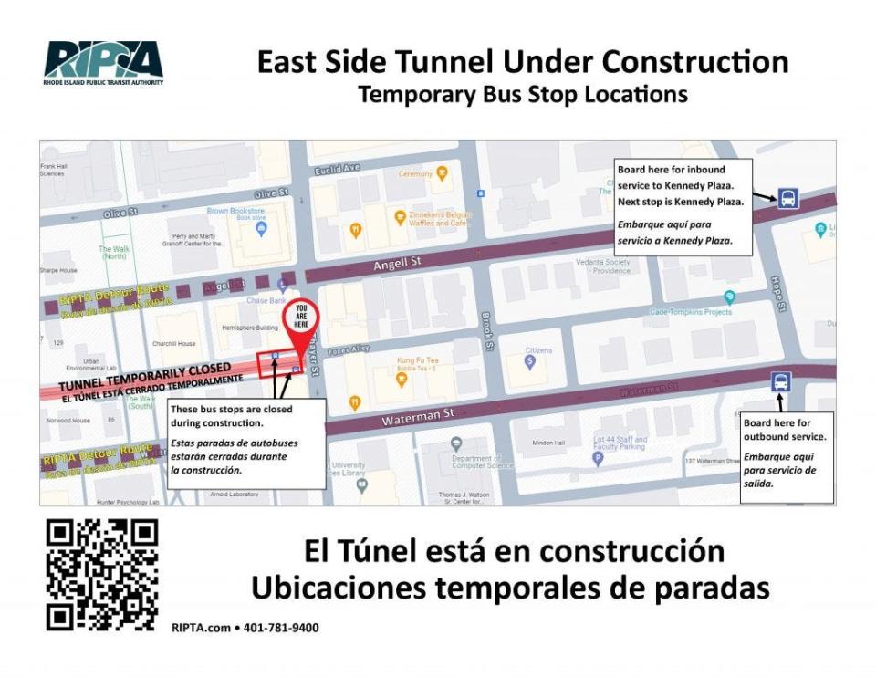 This map shows the closed bus stop at Thayer Street and the two new bus stops on Angell and Waterman streets, as the tunnel is shut down for construction starting March 25, 2024.
