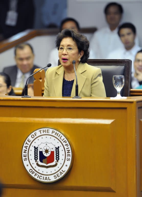 Philippines government ombudsman Conchita Carpio-Morales speaks to the senate in Manila in 2012 as she testifies in the impeachment trial of Supreme Court Chief Justice Renato Corona