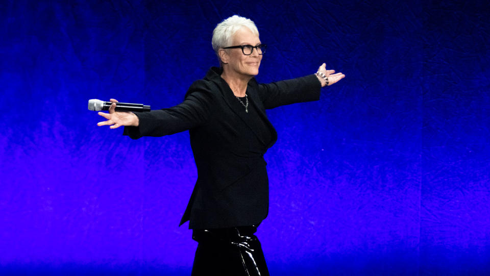 Jamie Lee Curtis speaks about her upcoming movie ‘Halloween Ends’ during Universal Pictures and Focus Features special presentation at Caesars Palace during CinemaCon 2022. - Credit: Greg Doherty/Getty Images)
