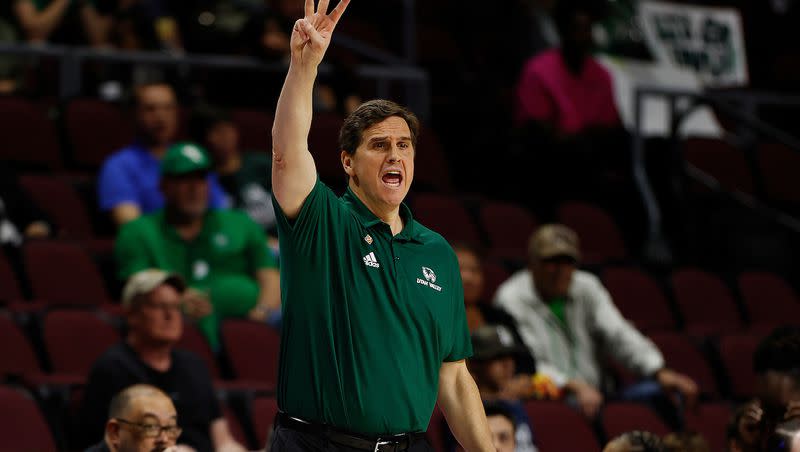 UVU coach Mark Madsen calls a play during an NIT Final Four semifinal game against UAB at Orleans Arena in Las Vegas on March 28, 2023. UVU lost 88-86 in overtime.
