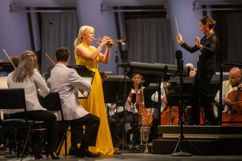 LOS ANGELES, CA - JULY 20: Trumpet soloist, Alison Balsam plays with the LA Philharmonic conducted by Tianyi Lu at the Hollywood Bowl on Tuesday, July 20, 2021 in Los Angeles, CA.(Jason Armond / Los Angeles Times)