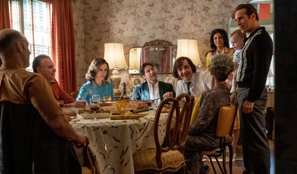 Corey Stoll as Junior Soprano, Vera Farmiga as Livia Soprano, Jon Bernthal as Johnny Soprano, Michael Gandolfini as Teenage Tony Soprano, Gabriella Piazza as Joanne Moltisanti and Alessandro Nivola as Dickie Moltisanti in “The Many Saints of Newark,” a Warner Bros. Pictures release.