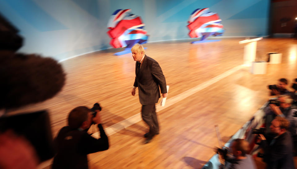 Mayor of London Boris Johnson leaves the stage after addressing the Conservative Party conference at the International Convention Centre in Birmingham.