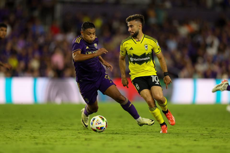 May 25, 2024; Orlando, Florida, USA; Columbus Crew forward Diego Rossi (10) controls the ball against Orlando City in the second half at Inter&Co Stadium. Mandatory Credit: Nathan Ray Seebeck-USA TODAY Sports