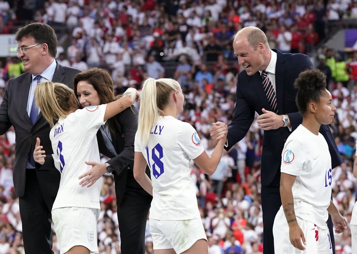 England’s Chloe Kelly with the Duke of Cambridge following England’s victory over Germany in the UEFA Women’s Euro 2022 final at Wembley (Danny Lawson/PA) (PA Wire)