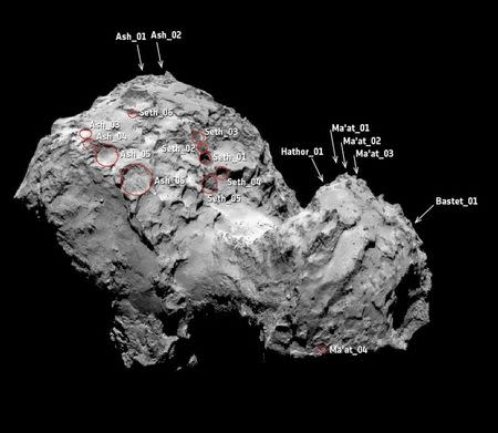 Pits on the surface of Comet 67P/Churyumov–Gerasimenko’s northern hemisphere are pictured in this August 3, 2014 handout photo obtained by Reuters July 1, 2015. REUTERS/European Space Agency/Handout via Reuters