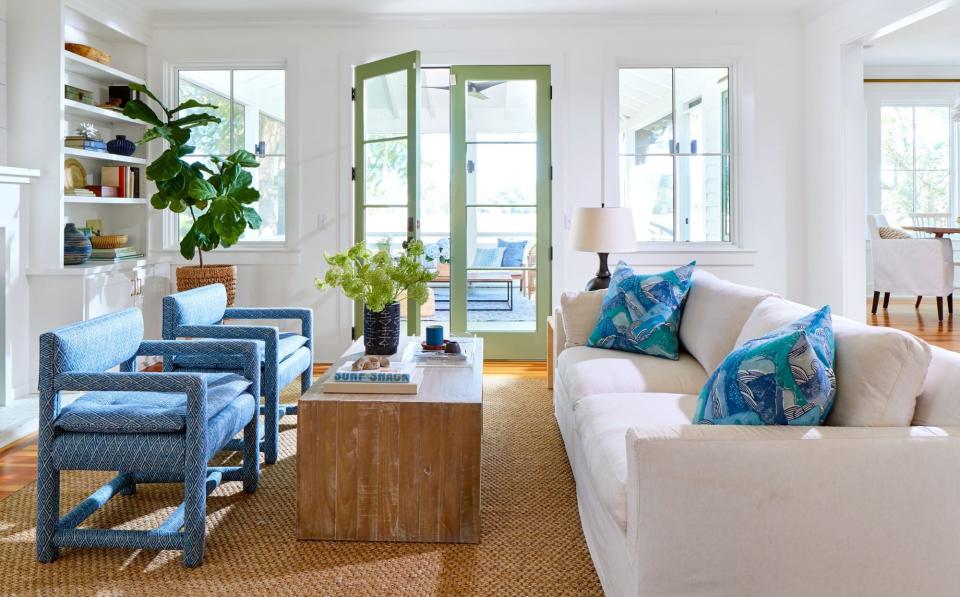White and Blue Living Room with Natural Accents