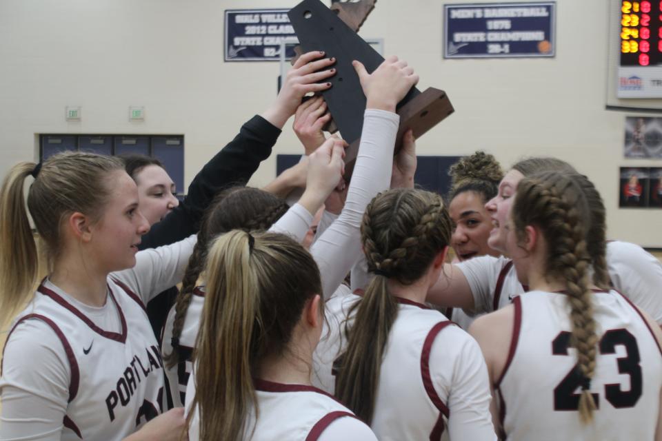 Portland defeated Ionia, 45-26, in MHSAA Division 2 district championship game Friday,  March 3, at Lakewood High School. The Raiders won their fourth consecutive district title.