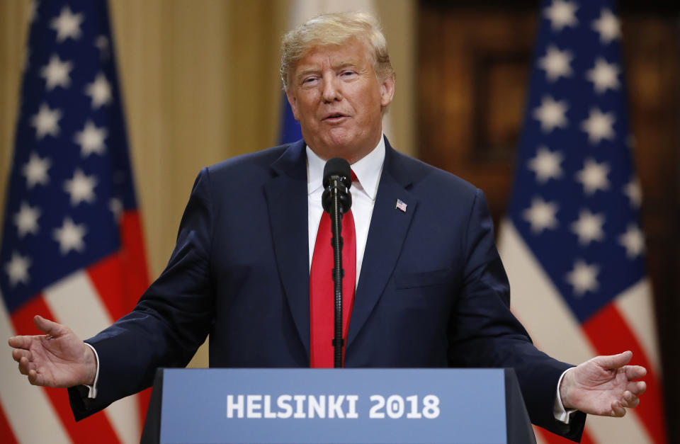 <span class="s1">President Trump speaks during the joint press conference on Monday. (Photo: Alexander Zemlianichenko/AP)</span>