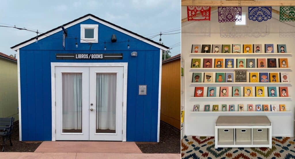 This combination of photos show Los Amigos Books in Berwyn, Ill. The store, launched by Laura Romani, focuses on children’s stories in English and Spanish. (Laura Rodríguez-Romaní via AP)