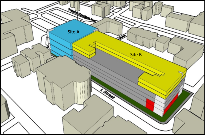 Massing for redevelopment of the parcels bounded by Frederick Douglass and Warren avenues and L Street, as of May 6, 2022. The blue would be a vertical farm, the yellow for residential, gray for a parking deck and red for commercial.