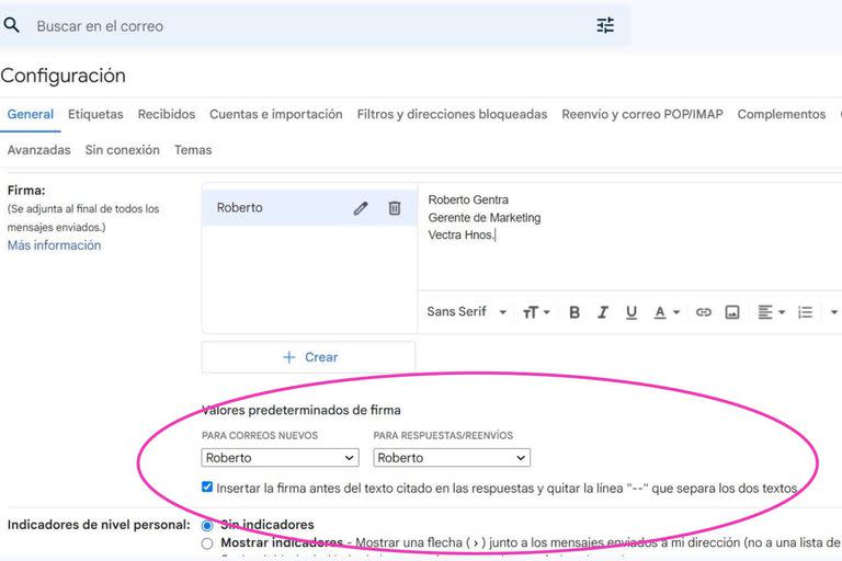 Finalmente se debe poner la configuración para que la firma aparezca en cada mensaje; incluso puede aparecer en las respuestas y reenvíos de mensajes