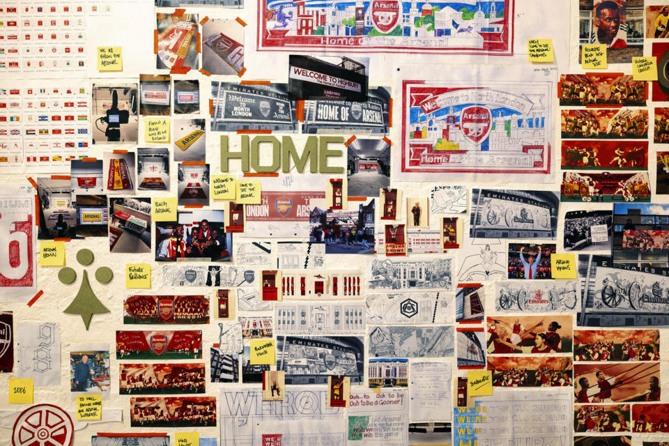 In this photo provided by Arsenal Football Club on Wednesday, Jan. 11, 2023, a view of designs to feature on the exterior of the Emirates Stadium displayed at the Candid Arts Trust in London. (Arsenal Football Club via AP)