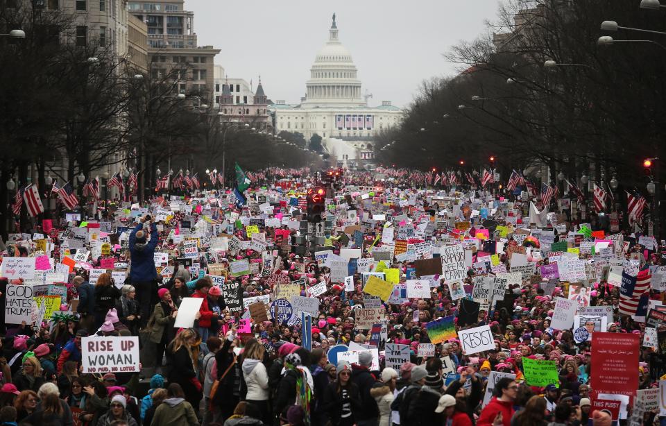 Protesters walk up Pennsylvania Avenue during the Women's March on Washington on Jan. 21, 2017.