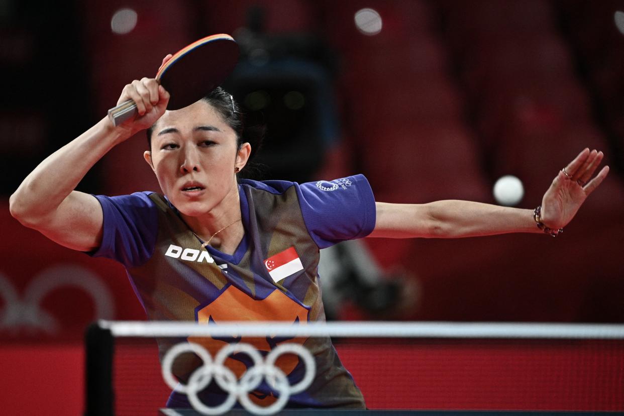 Singapore paddler Yu Mengyu during her women's singles quarter-final match against Japan's Kasumi Ishikawa at the 2020 Tokyo Olympic.