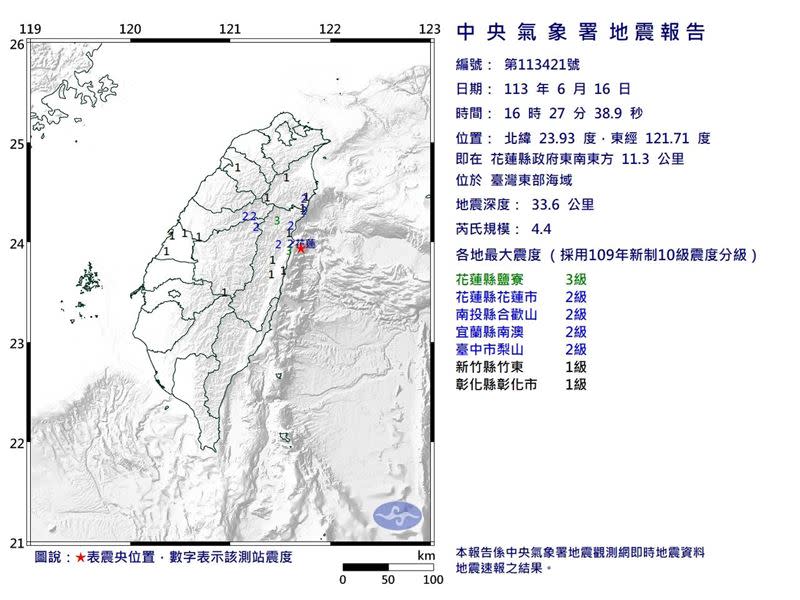 16時27分發生規模4.4地震。（圖／翻攝自氣象署）