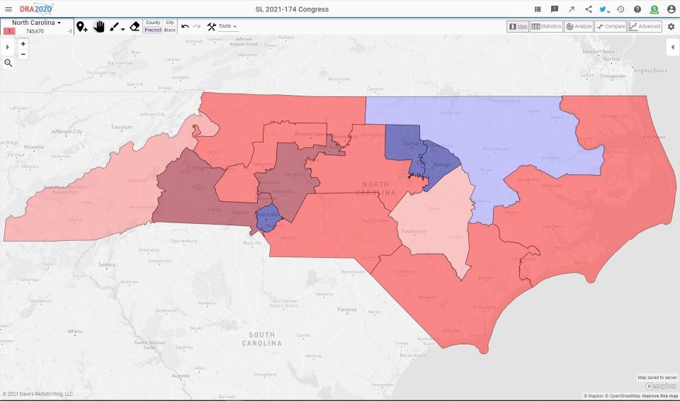 This map, ruled unconstitutional be the North Carolina Supreme Court, was expected to generally have a 10-4 split of Republicans to Democrats, with three of the 14 seats appearing to be competitive.
